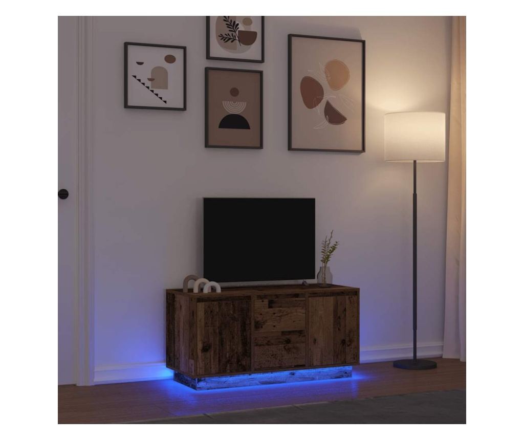 ТВ шкаф с LED осветление, старо дърво, 100x41x50 см - 2