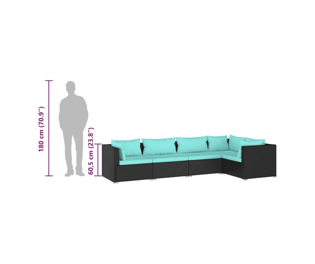 Градински лаундж комплект с възглавници 5 части полиратан черен - 7