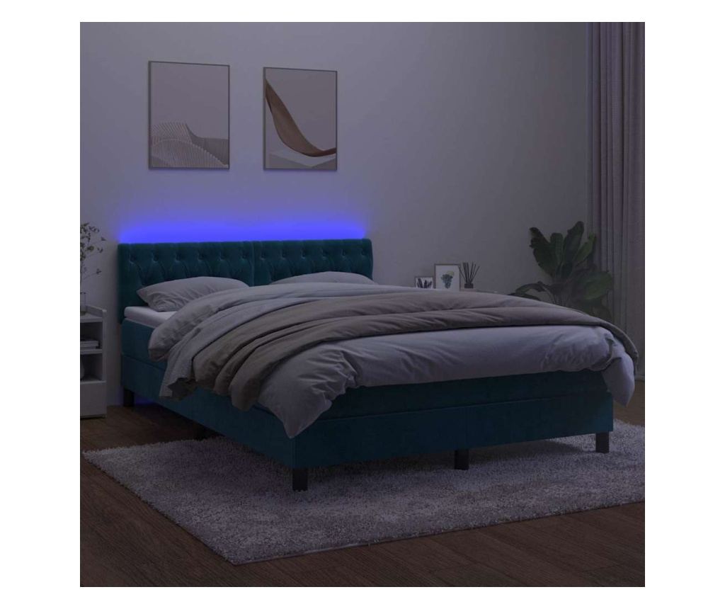 Легло с пружини, матрак и LED осветление, тъмносиньо, 140x190 см, кадифе - 4