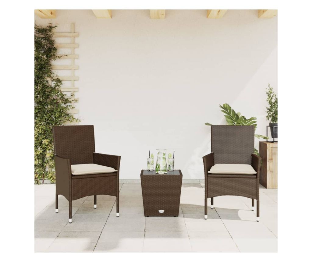 3dílný bistro set s poduškami hnědý polyratan a sklo - 2