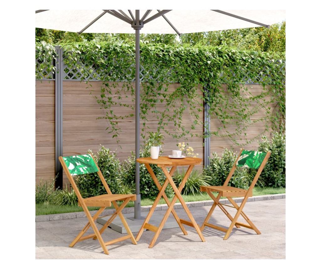 3dílný bistro set vzor listů textil a masivní dřevo - 2