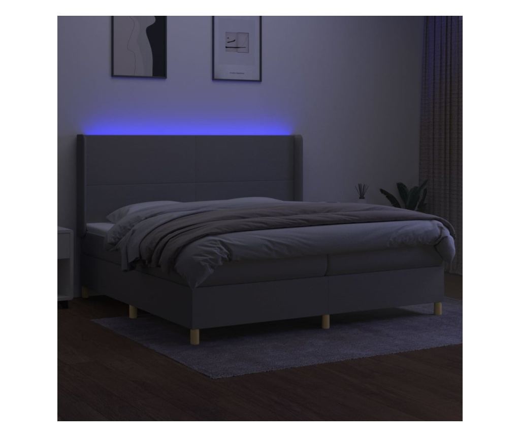 Легло с пружини, матрак и LED осветление, светло сиво, 200x200 см, текстил - 3