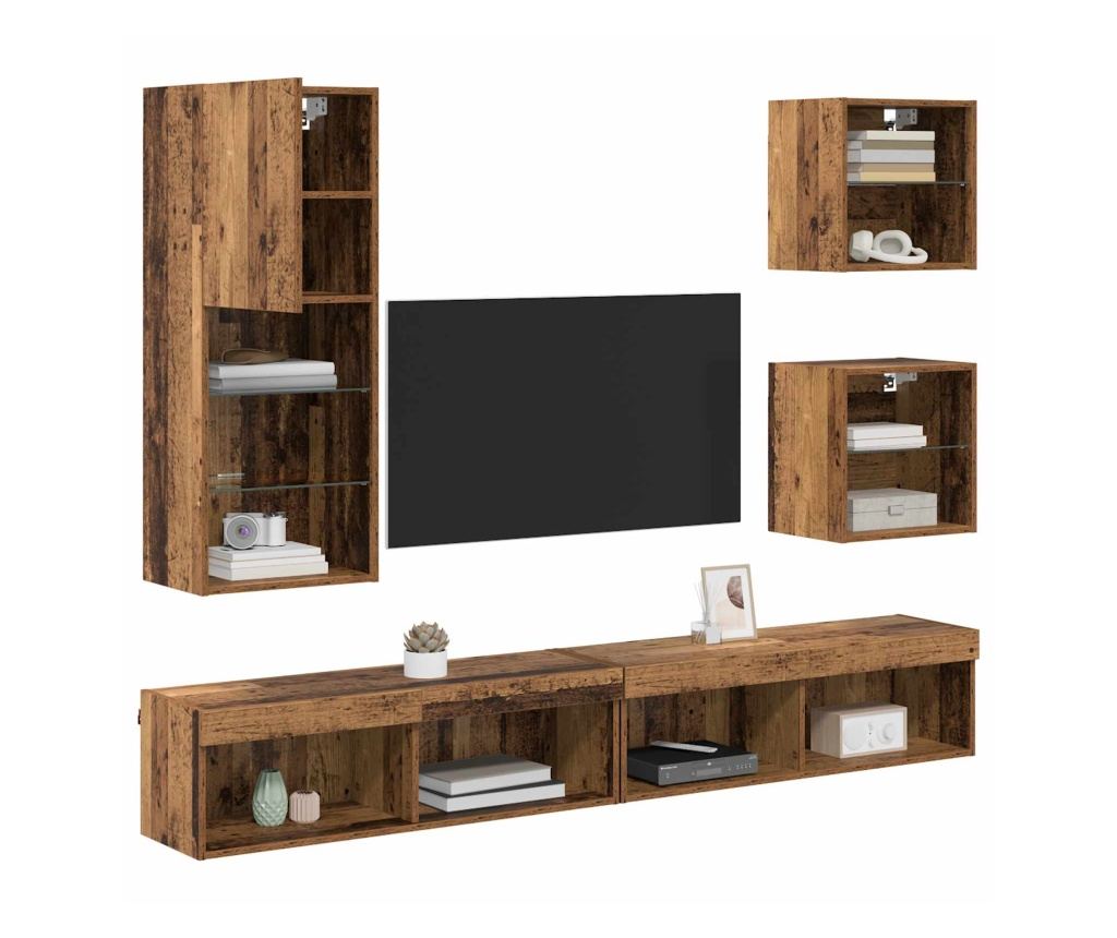 ТВ стенни единици с LED 5 pcs Старо дърво Инженерно дърво - 3