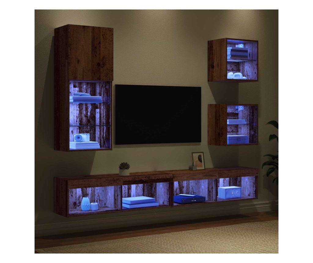 ТВ стенни единици с LED 5 pcs Старо дърво Инженерно дърво - 5