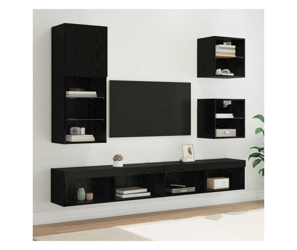 ТВ стенни единици с LED 5 pcs Черния дъб Инженерно дърво - 2