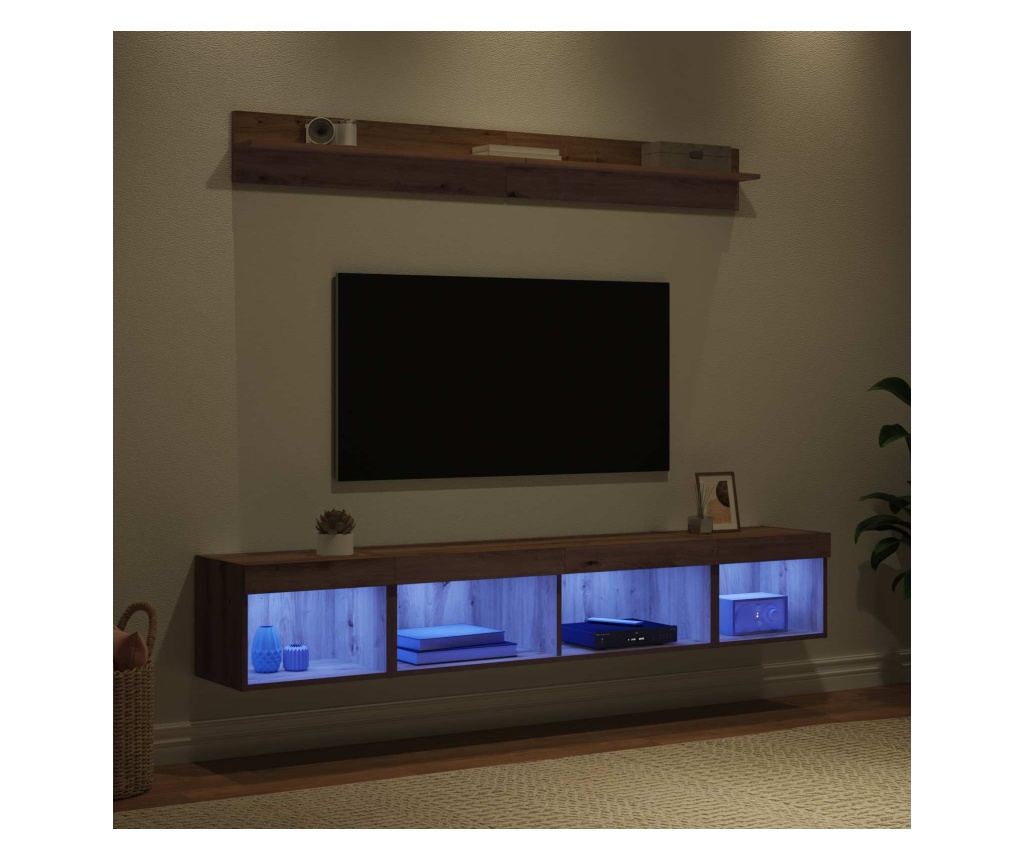 Комплект за стена на телевизор с LED 5 pcs Дъб Инженерно дърво - 5
