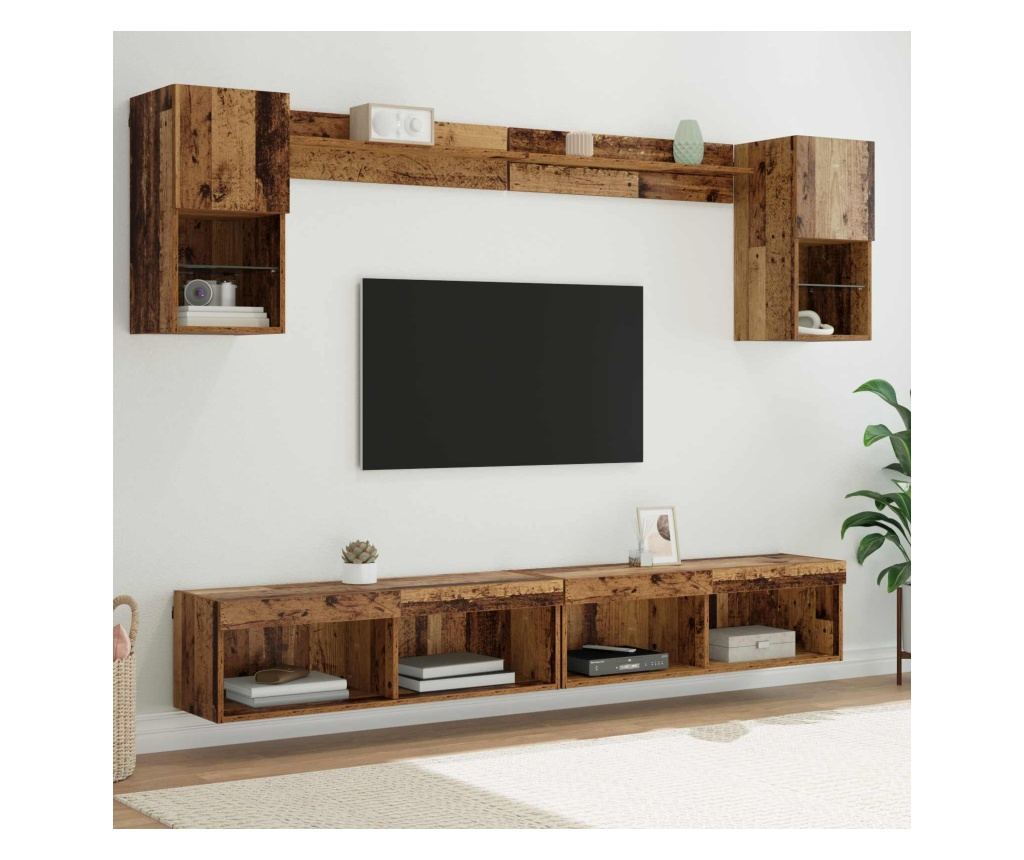 ТВ стенни единици с LED с LED 6 pcs Старо дърво Инженерно дърво - 2