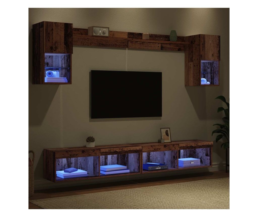 ТВ стенни единици с LED с LED 6 pcs Старо дърво Инженерно дърво - 5