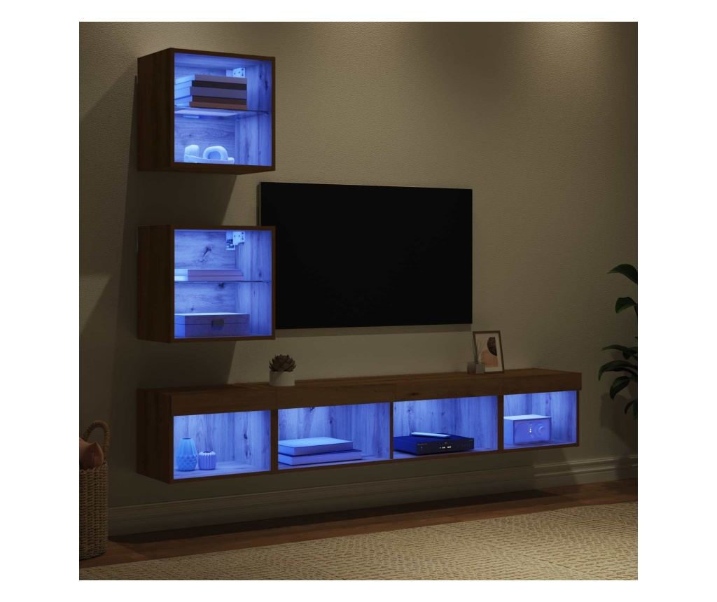 ТВ стенни единици с LED с LED 5 pcs Дъб Инженерно дърво - 5