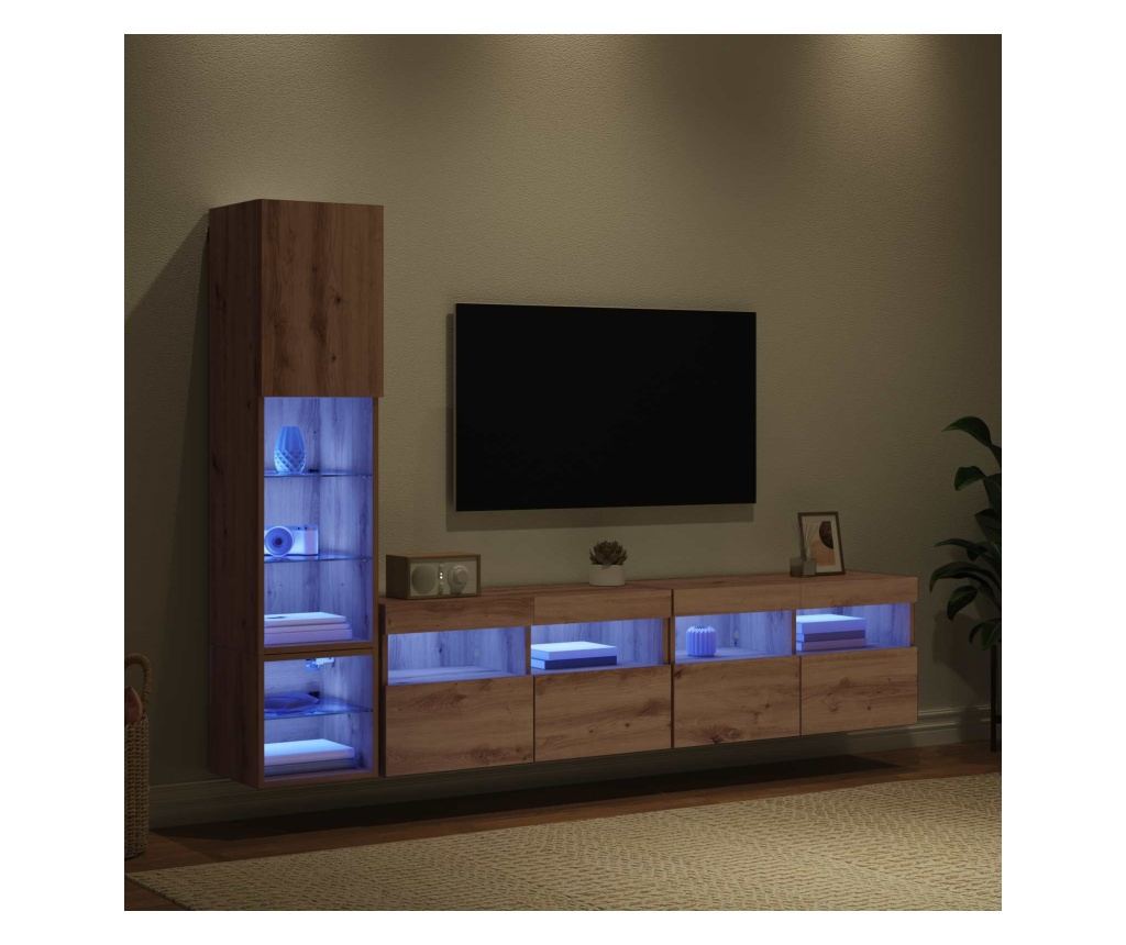 Телевизионен стенен шкаф с LED 4 pcs Дъб Инженерно дърво - 5