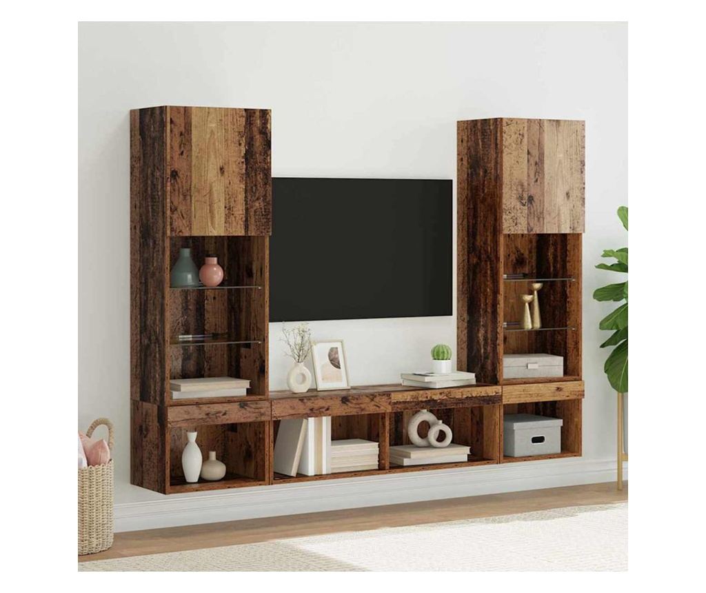 ТВ стенни единици с LED с LED 5 pcs Старо дърво Инженерно дърво - 2