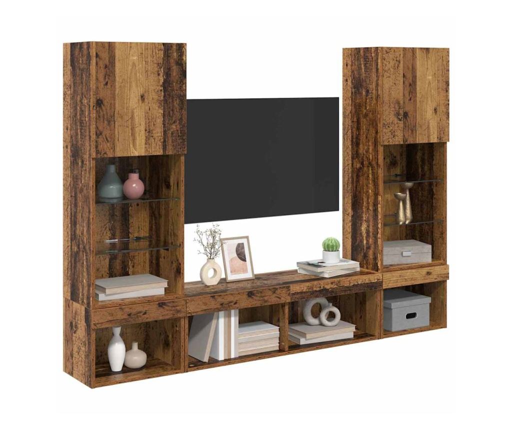 ТВ стенни единици с LED с LED 5 pcs Старо дърво Инженерно дърво - 3