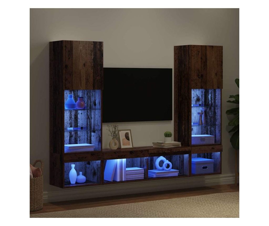 ТВ стенни единици с LED с LED 5 pcs Старо дърво Инженерно дърво - 5