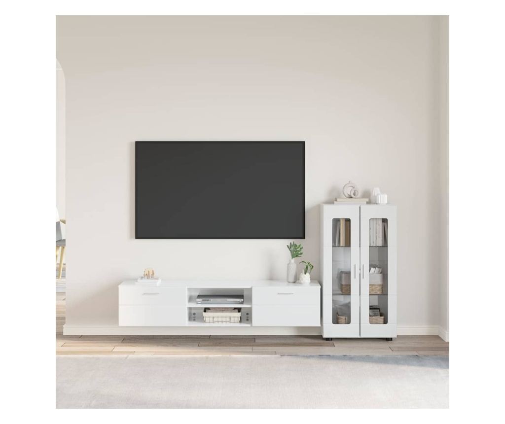 Комплект ТВ шкаф с чекмедже FLORIN Лъскаво бяло Инженерно дърво - 2