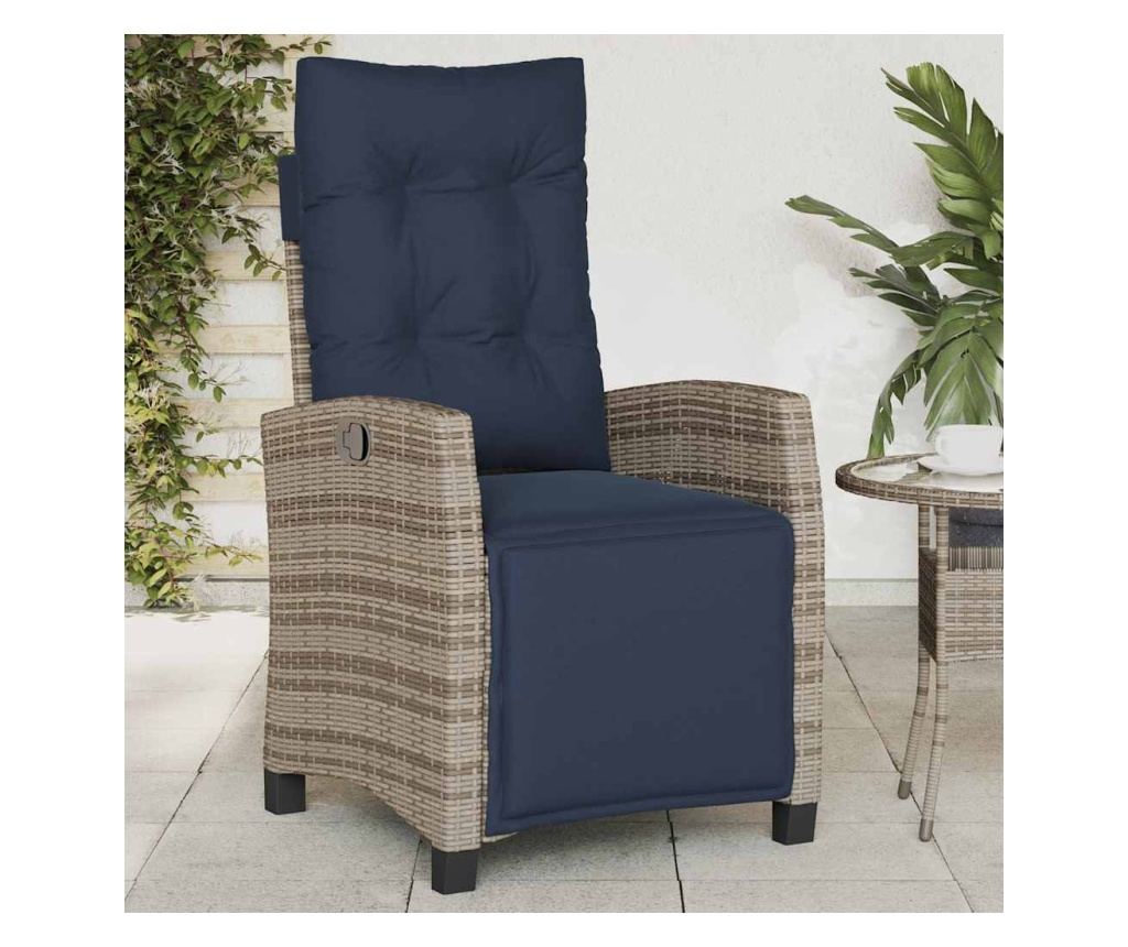 Накланящ се градински стол с опора за крака, сив, полиратан - 2