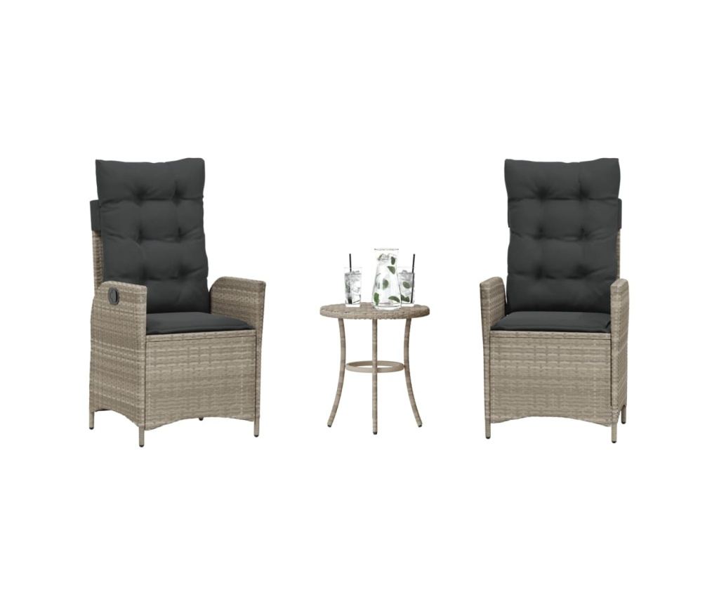 Бистро комплект с възглавници 3 части светлосив полиратан - 2