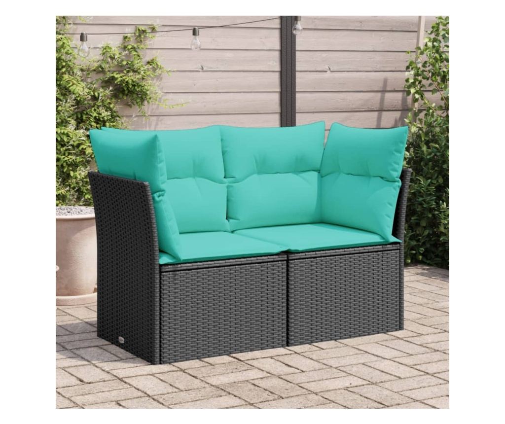 Градински диван с възглавници 2-местен черен полиратан - 2