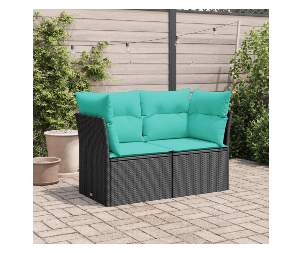 Градински диван с възглавници 2-местен черен полиратан - 3