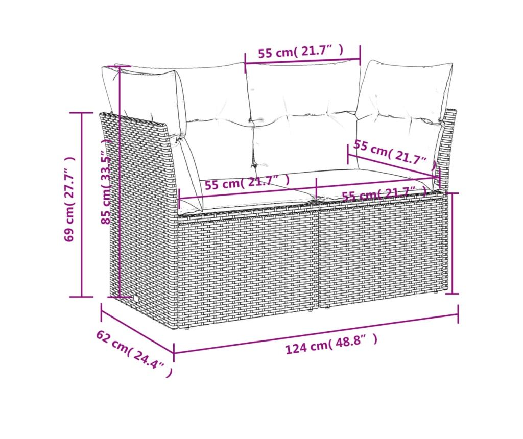 Градински диван с възглавници 2-местен черен полиратан - 9