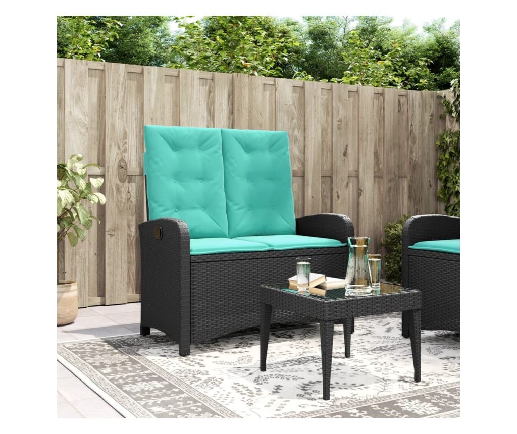 Накланяща се градинска пейка с възглавници черен полиратан - 2