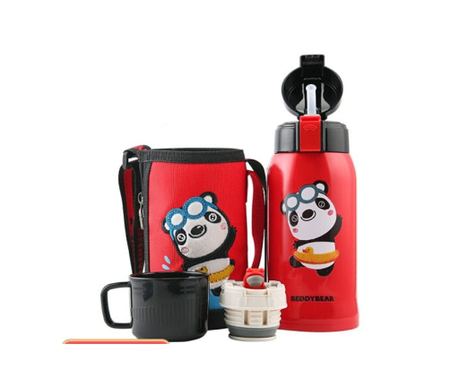 Termos Copii Cu Husa, Pai și Cană, BeddyBear, Urs Panda, 600 ml, Roșu