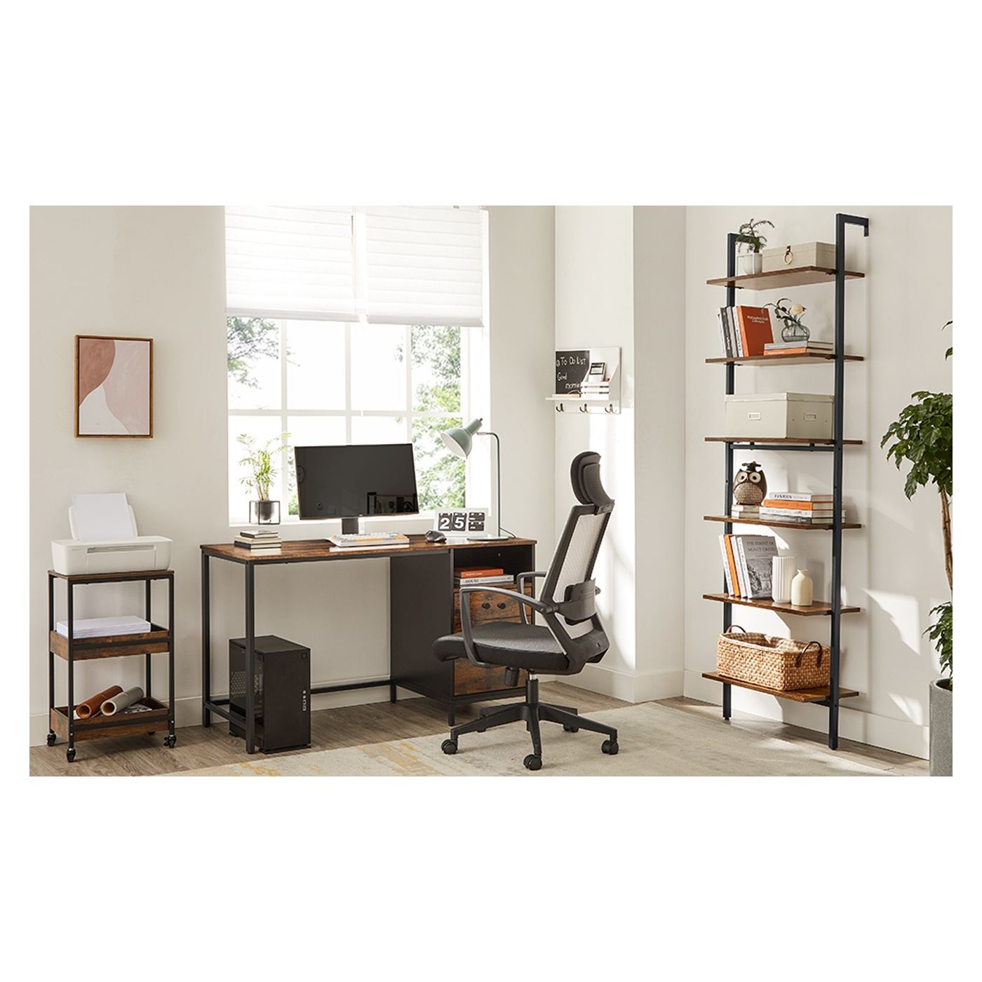 Etajera tip scara 6 rafturi pal cadru metalic spatioasa, 60x30x205 cm, industrial, maro rustic - 2