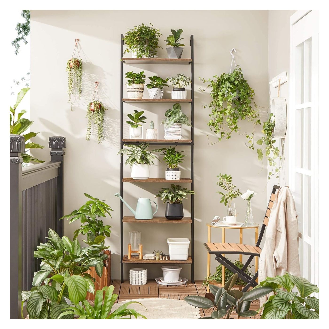 Etajera tip scara 6 rafturi pal cadru metalic spatioasa, 60x30x205 cm, industrial, maro rustic - 6