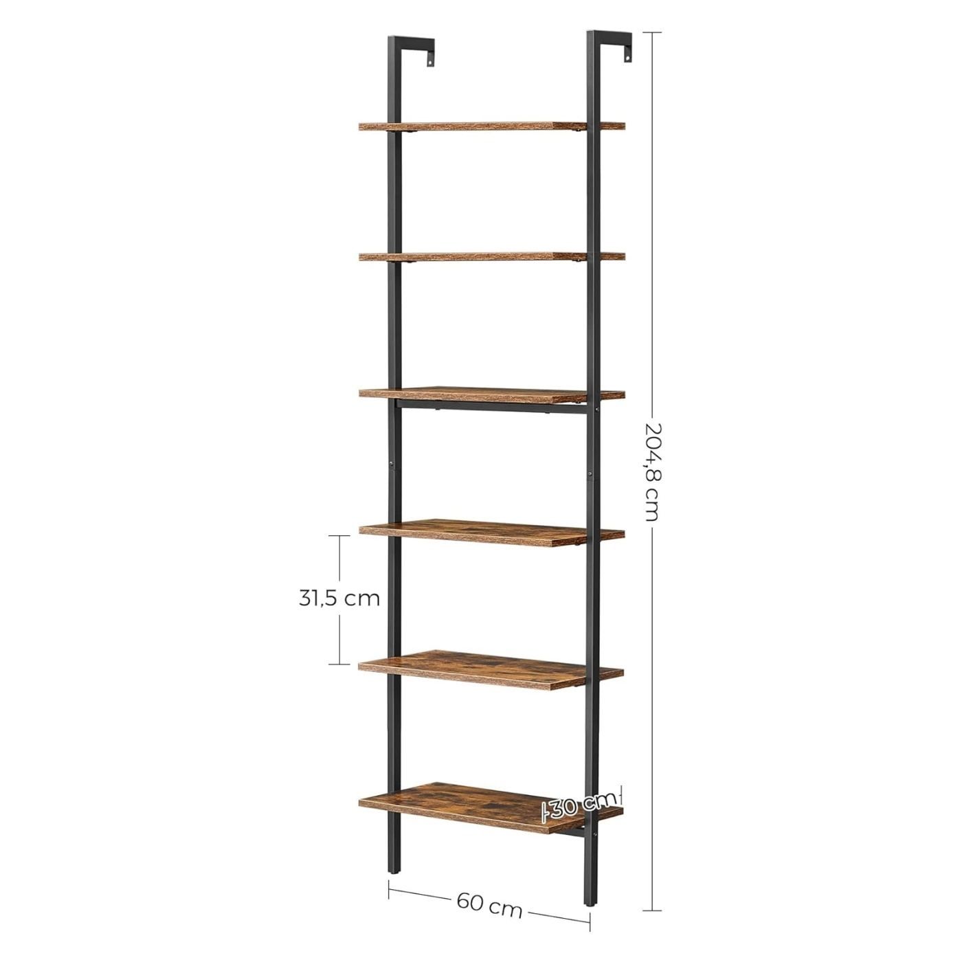 Etajera tip scara 6 rafturi pal cadru metalic spatioasa, 60x30x205 cm, industrial, maro rustic - 9