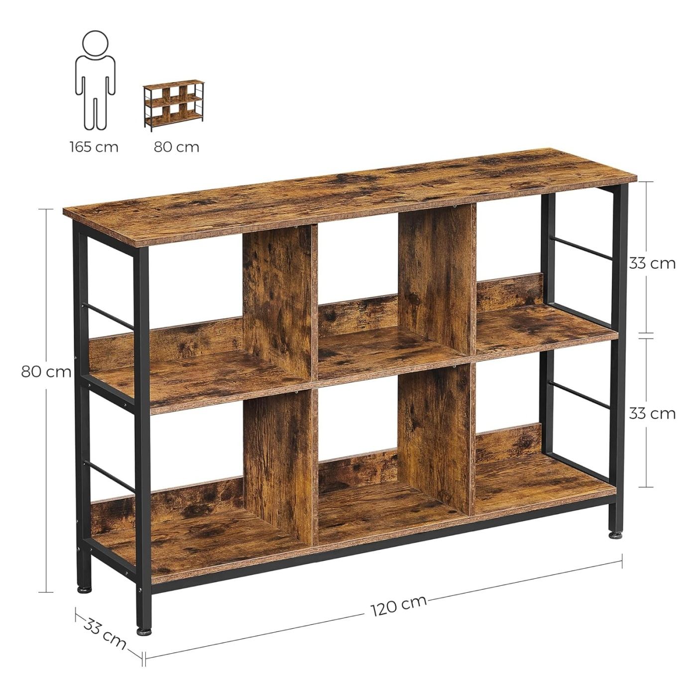 6-рафтова етажерка с метална рамка, 33x120x80 см, Индустриален стил, Рустик кафяво - 5