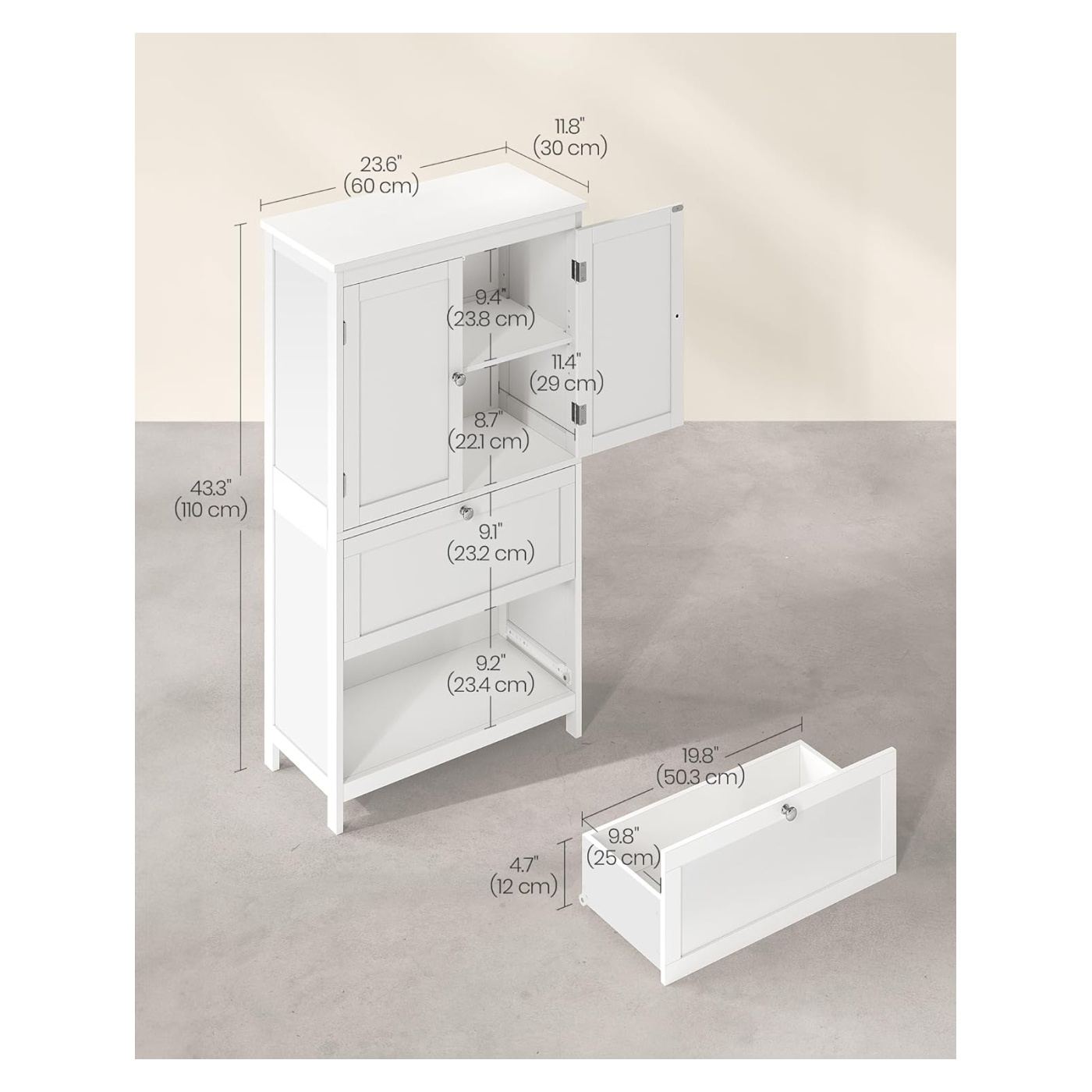 Шкаф за баня, MDF, с 2 чекмеджета и 2 врати, Регулируем рафт, 30x60x110см, Бял - 3