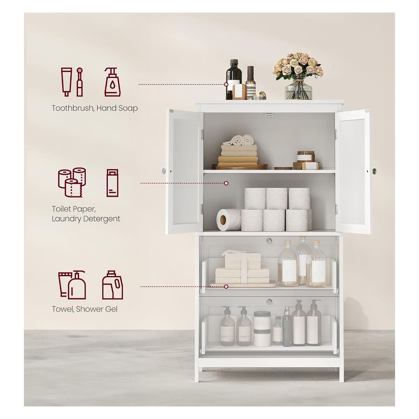 Шкаф за баня, MDF, с 2 чекмеджета и 2 врати, Регулируем рафт, 30x60x110см, Бял - 6
