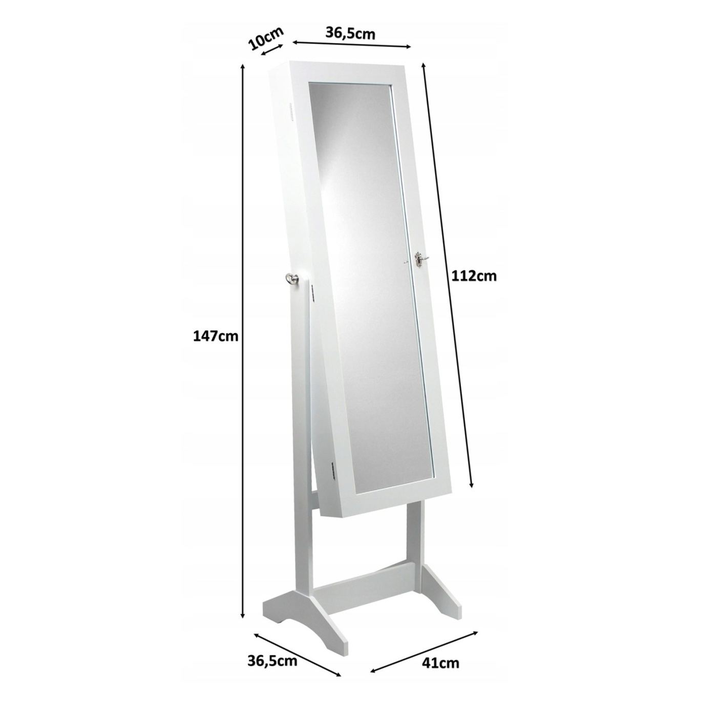Бял шкаф за бижута от MDF с голямо огледало, кукички, рафтове, 35x120 см, за съхранение - 3
