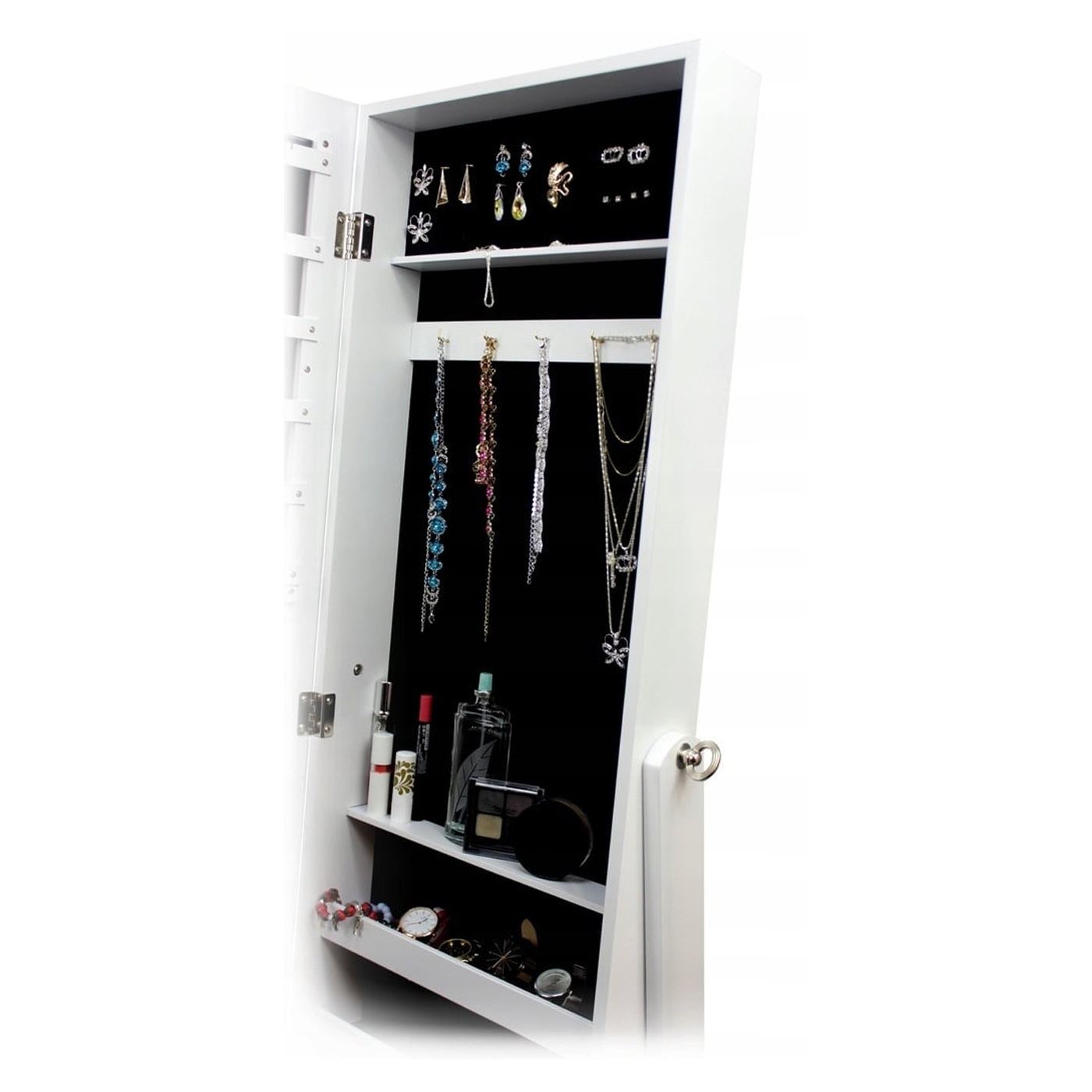 Бял шкаф за бижута от MDF с голямо огледало, кукички, рафтове, 35x120 см, за съхранение - 4