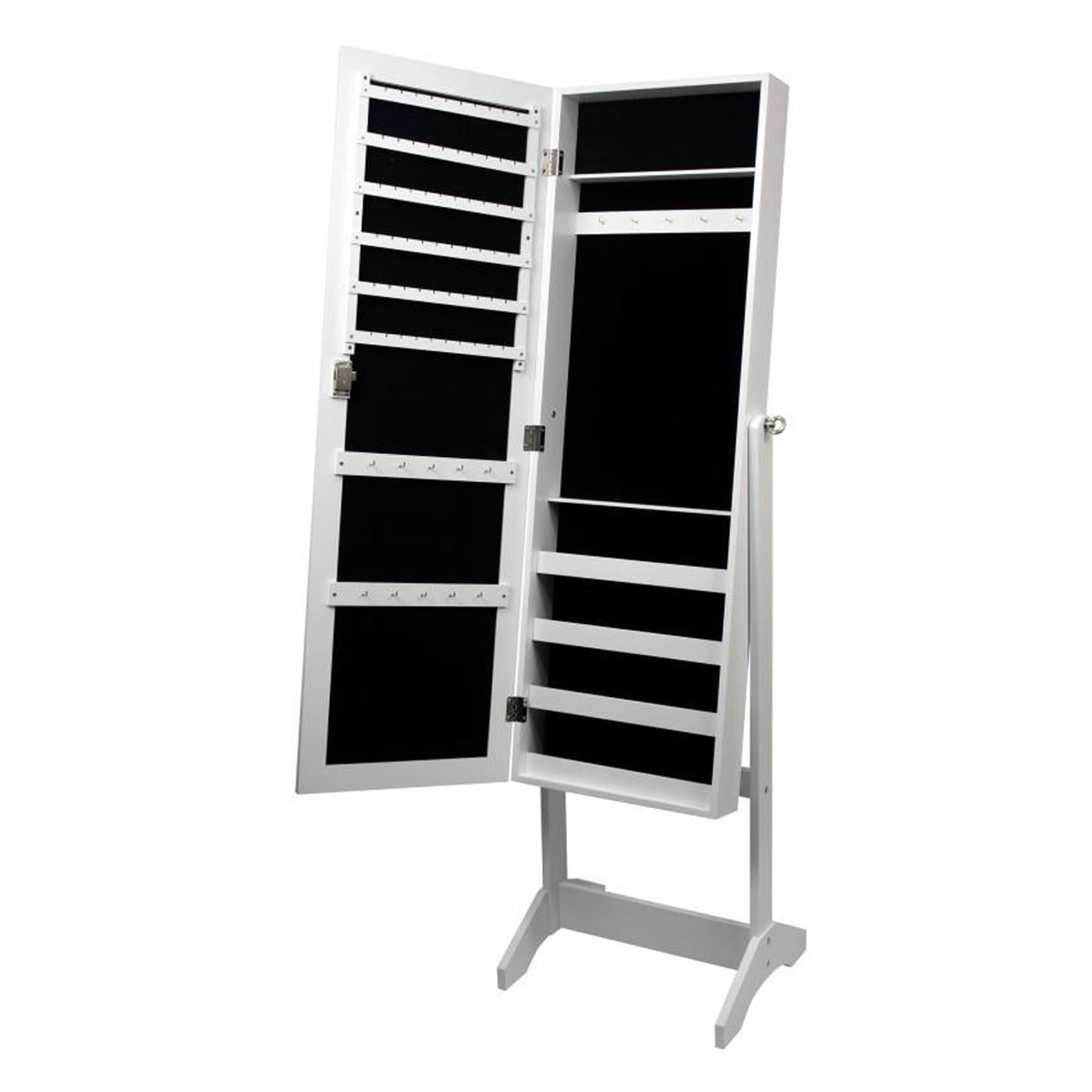 Бял шкаф за бижута от MDF с голямо огледало, кукички, рафтове, 35x120 см, за съхранение - 9