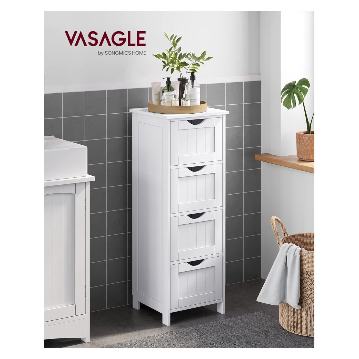 Дървен шкаф за баня с 4 чекмеджета MDF, 30x30x82 см, Компактен дизайн, Бял - 2