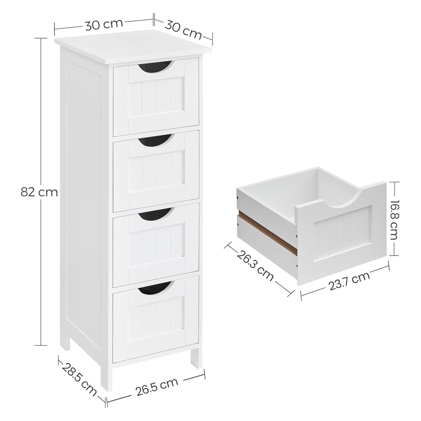 Дървен шкаф за баня с 4 чекмеджета MDF, 30x30x82 см, Компактен дизайн, Бял - 3
