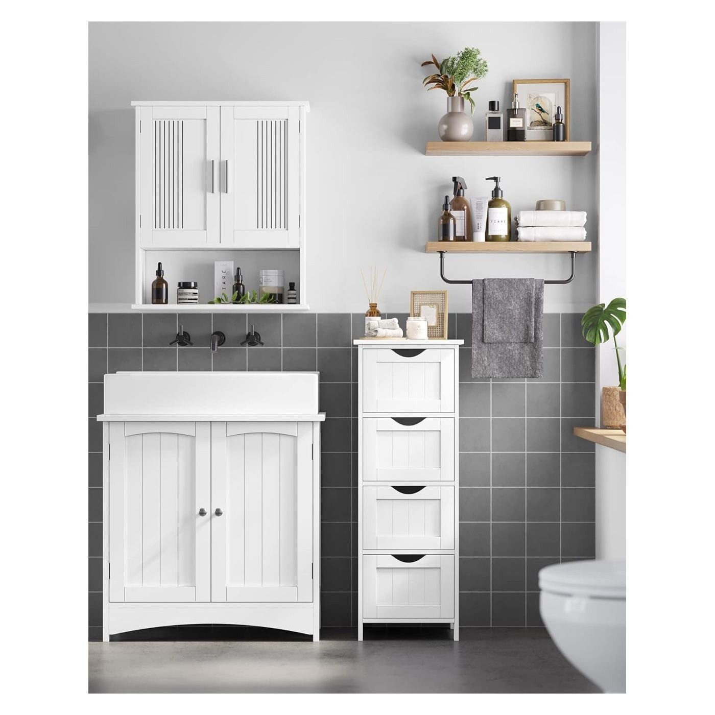 Дървен шкаф за баня с 4 чекмеджета MDF, 30x30x82 см, Компактен дизайн, Бял - 7
