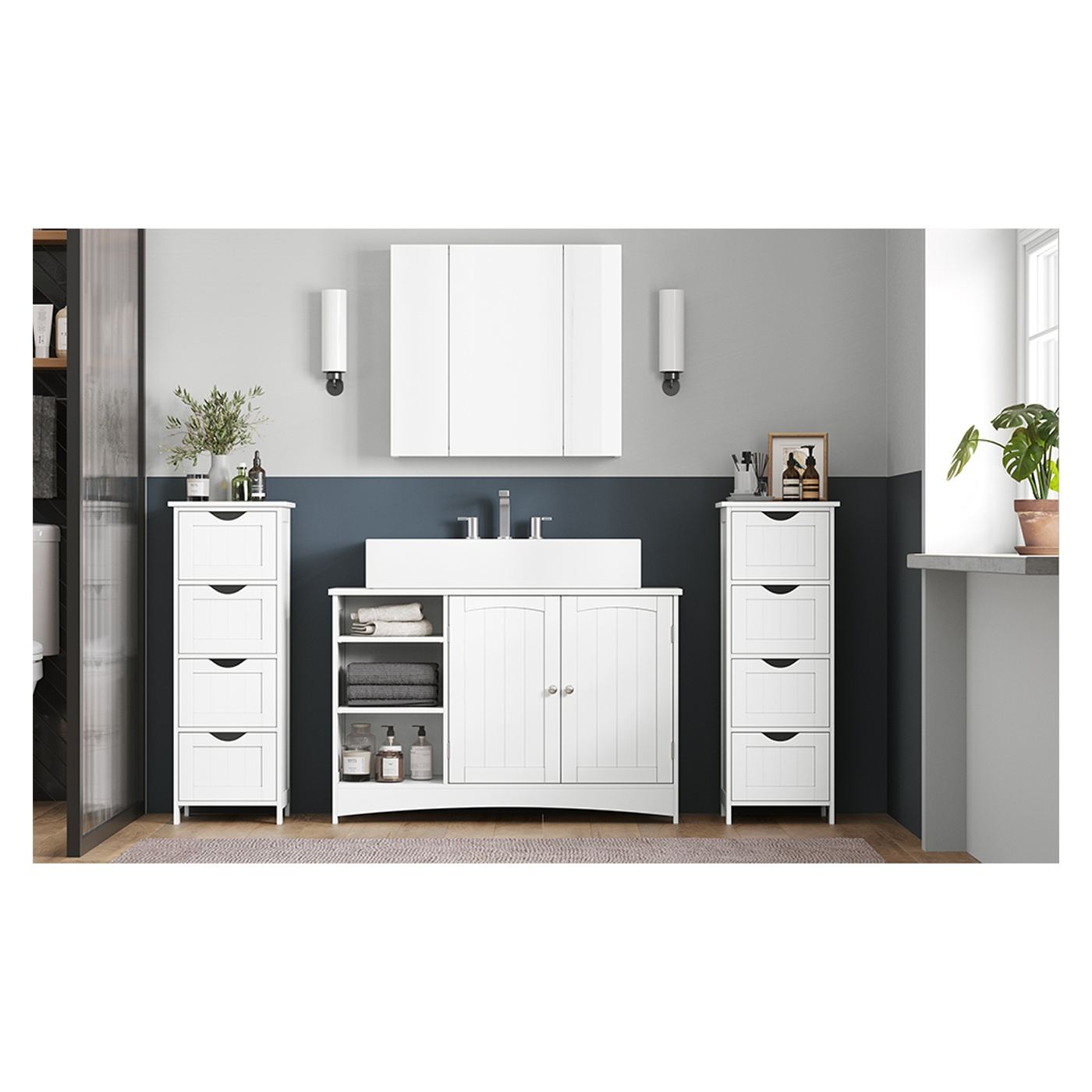 Дървен шкаф за баня с 4 чекмеджета MDF, 30x30x82 см, Компактен дизайн, Бял - 8