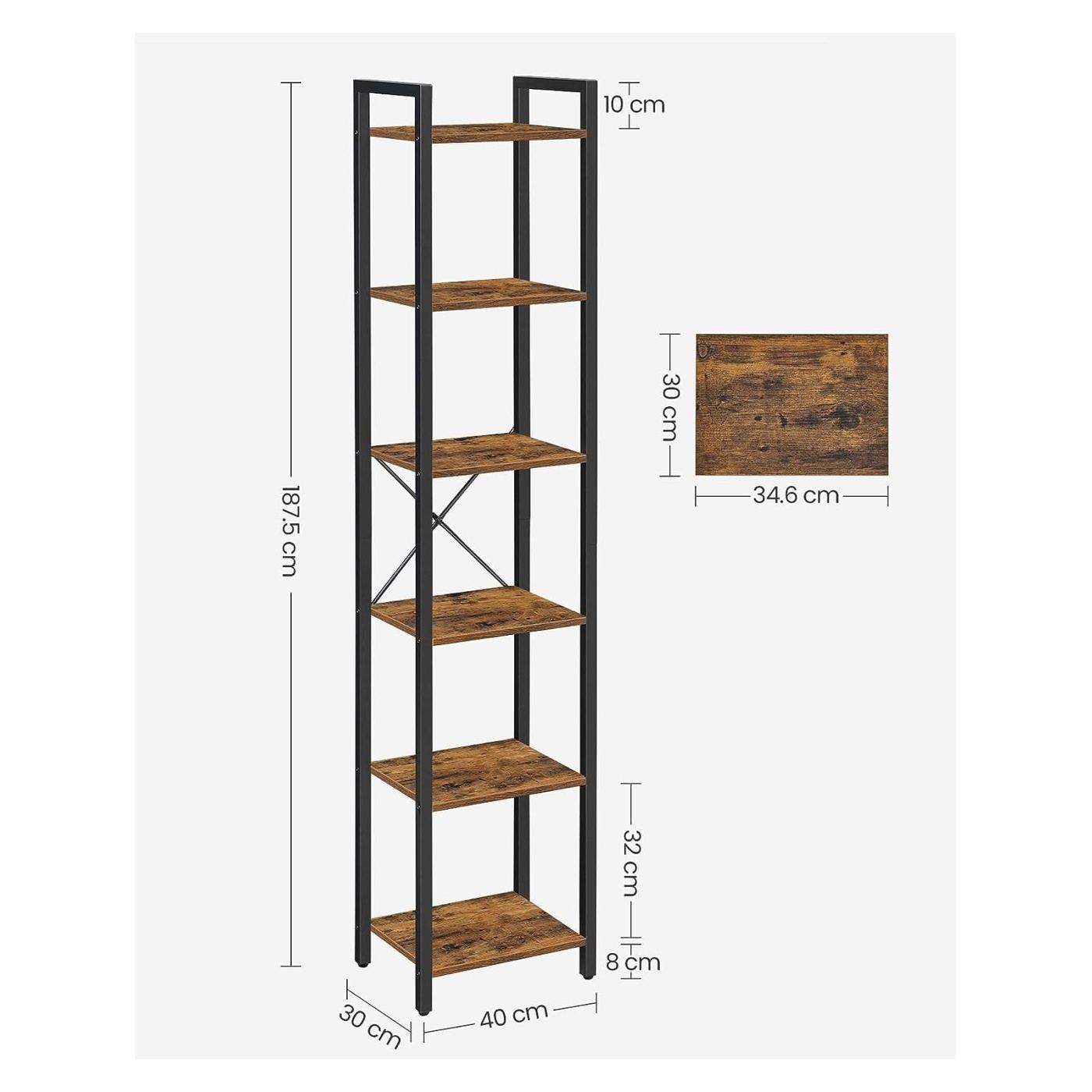 6-етажен рафт за книги, метална рамка, дървени рафтове, 30x40x187 см, индустриален стил, рустик кафяв - 3