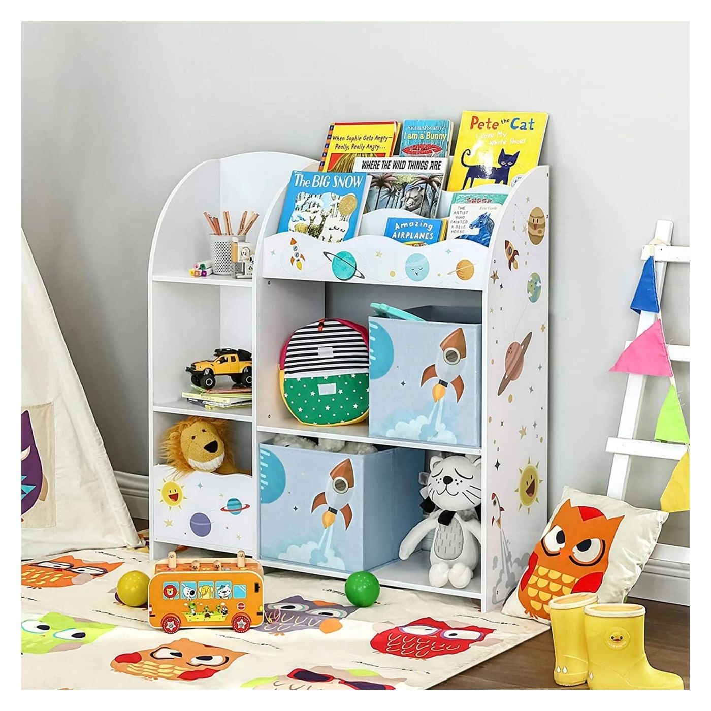 Детски органайзер за играчки и книги с 2 кутии за съхранение, MDF, 93x30x100 см, Многофункционален, Бял - 7
