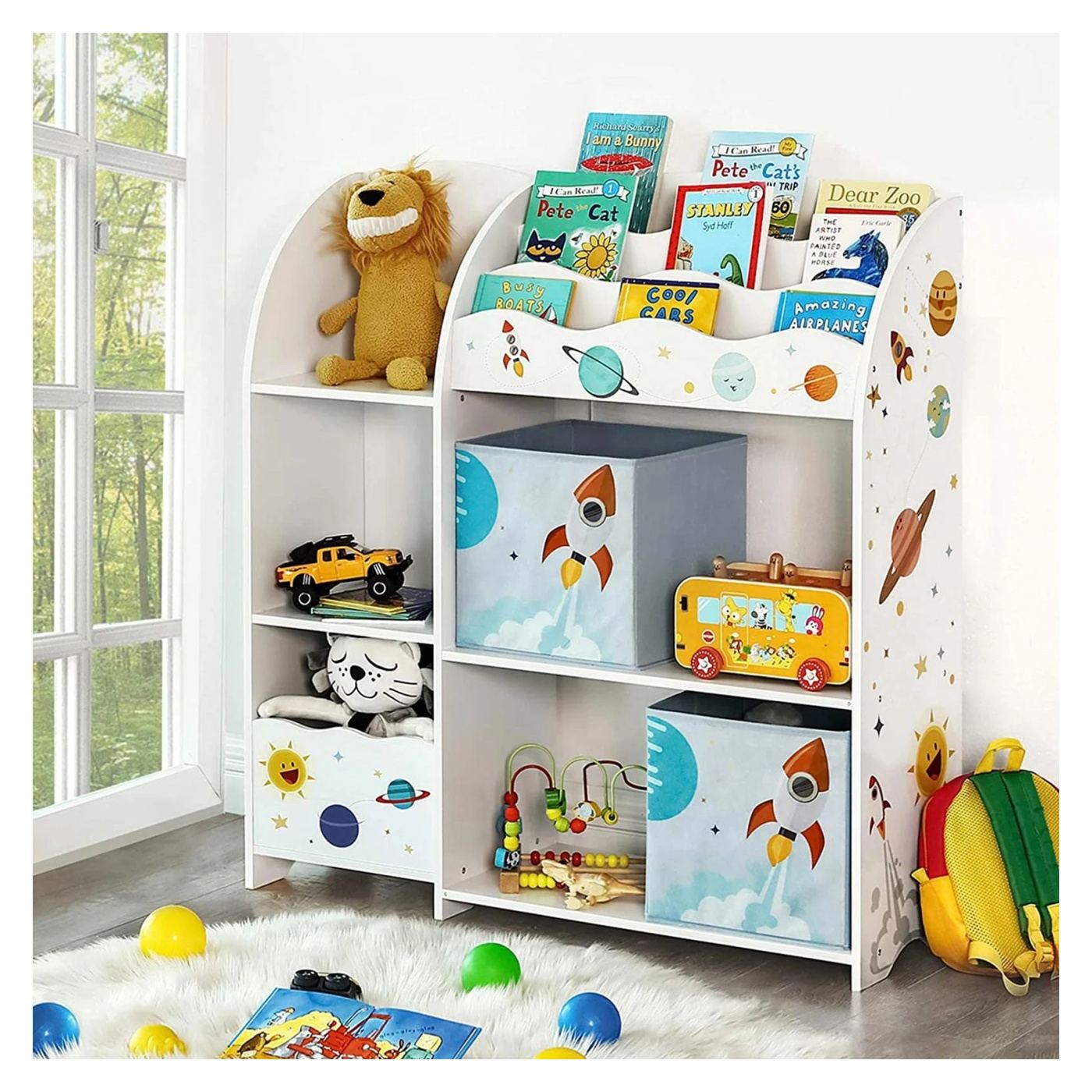 Детски органайзер за играчки и книги с 2 кутии за съхранение, MDF, 93x30x100 см, Многофункционален, Бял - 8