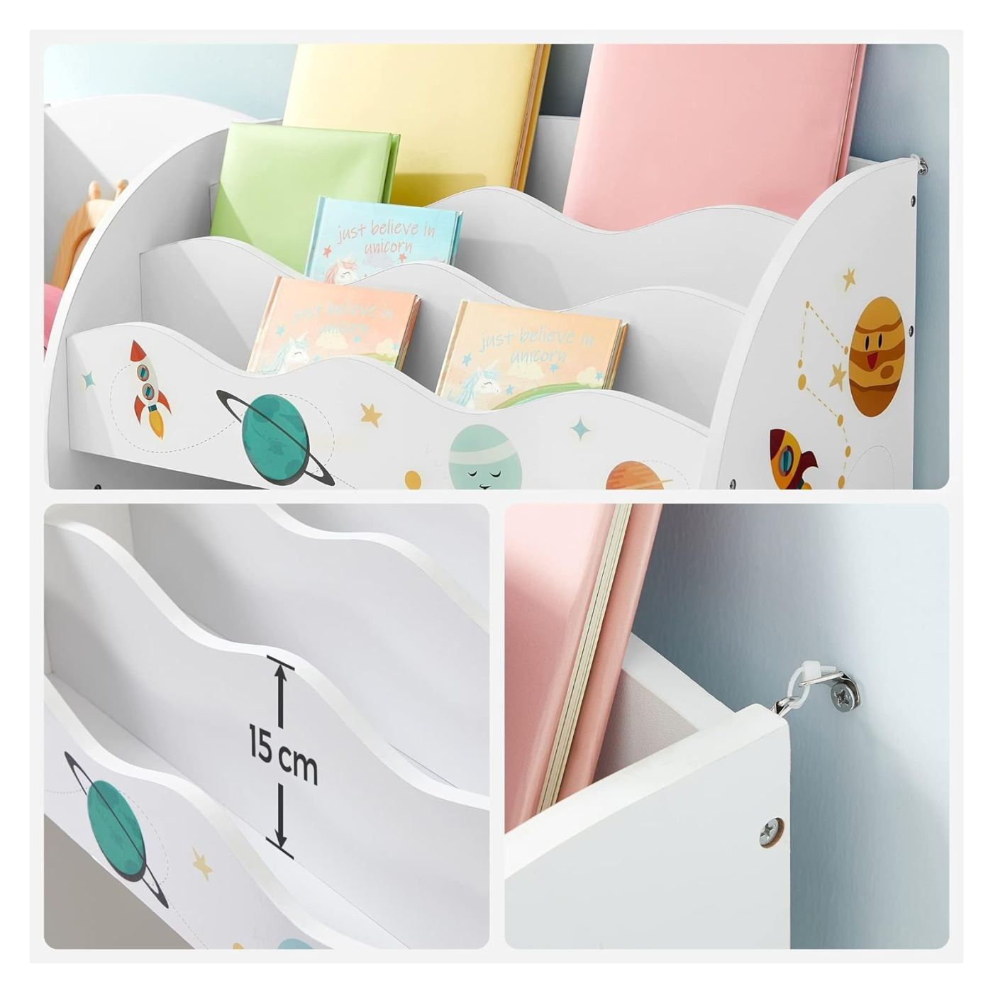 Детски органайзер за играчки и книги с 2 кутии за съхранение, MDF, 93x30x100 см, Многофункционален, Бял - 9