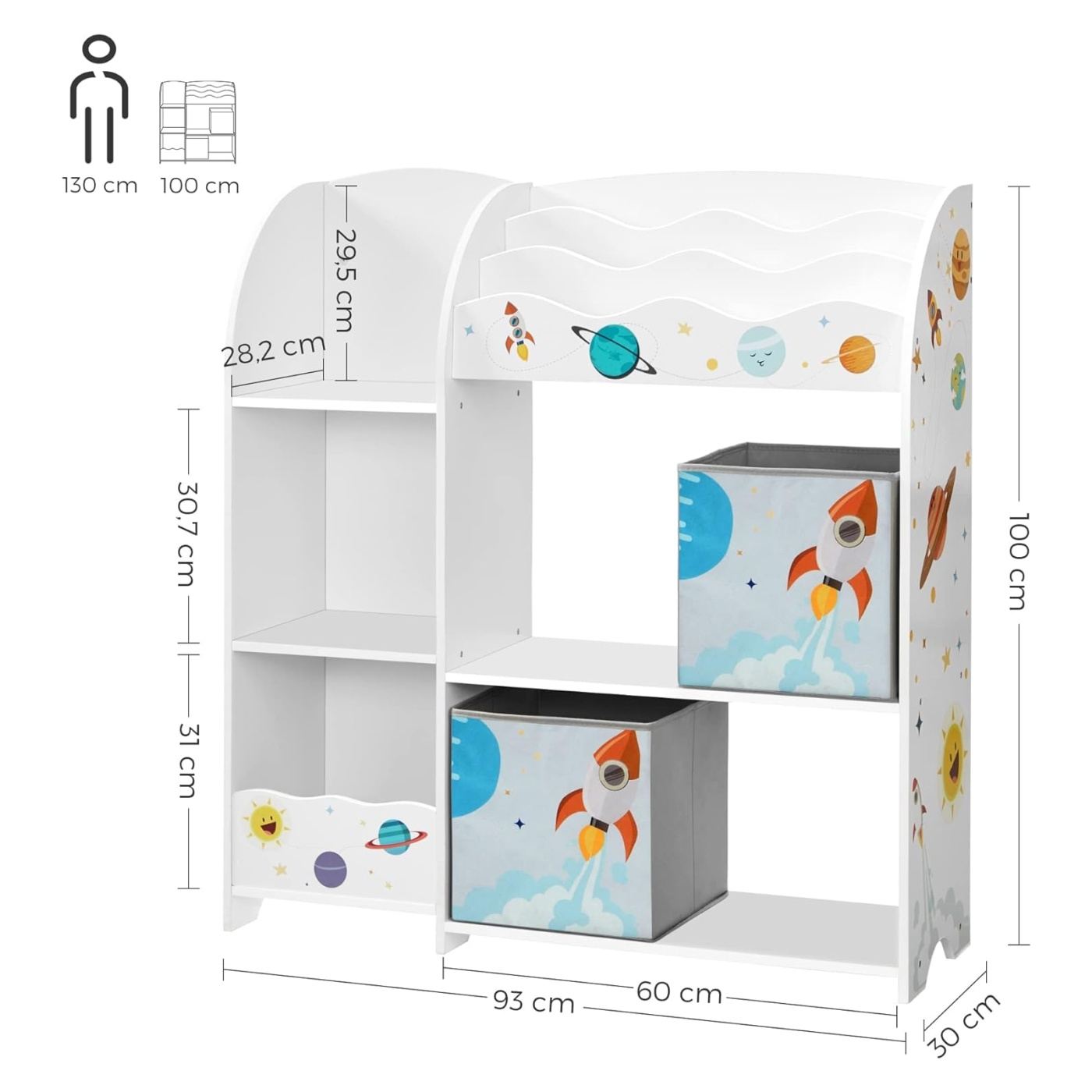 Детски органайзер за играчки и книги с 2 кутии за съхранение, MDF, 93x30x100 см, Многофункционален, Бял - 10