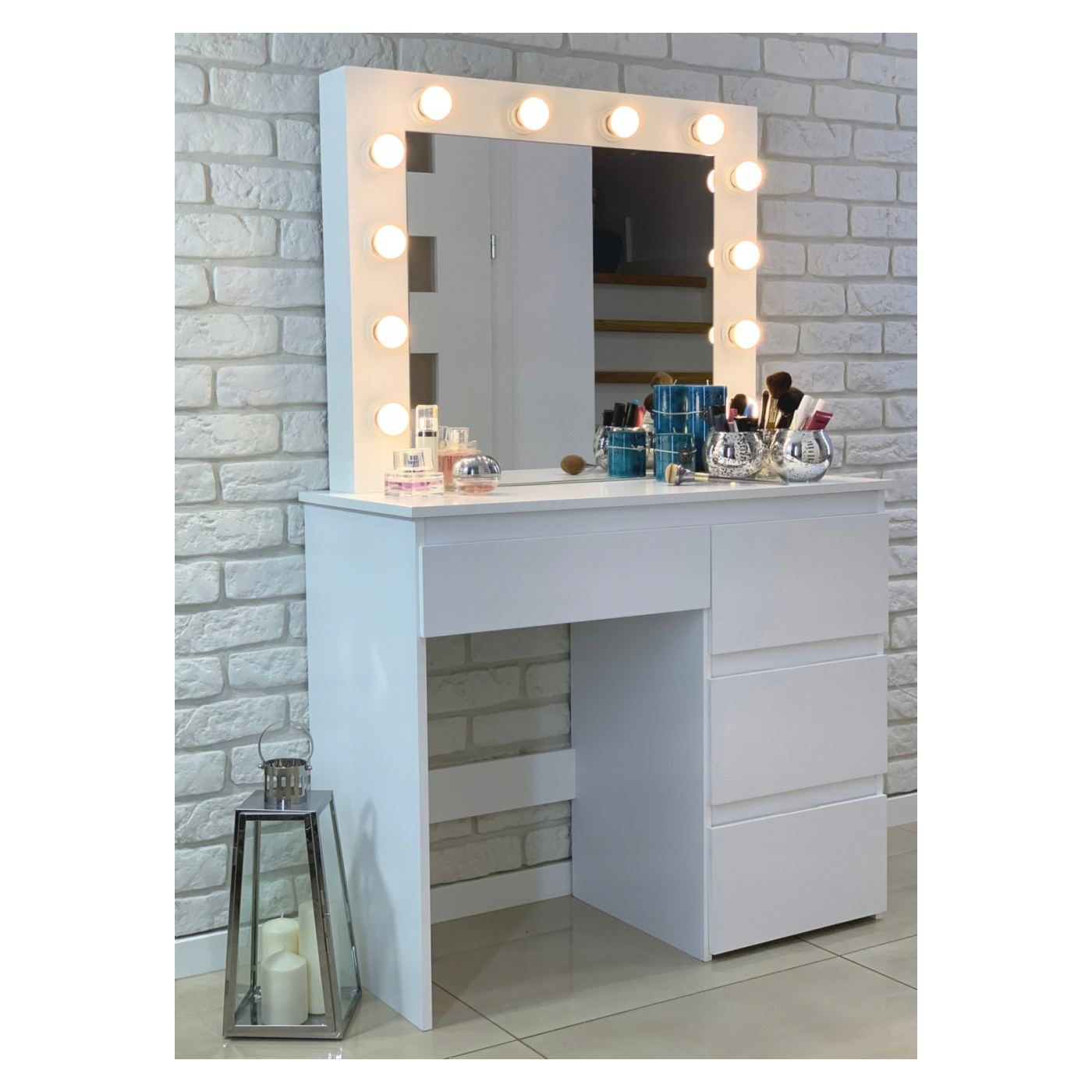 Холивудска професионална тоалетка с 4 чекмеджета и 12 LED лампи, 90x40x140 см, Модерна, Бяла - 6