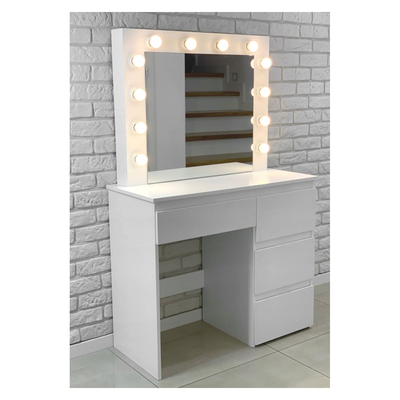Холивудска професионална тоалетка с 4 чекмеджета и 12 LED лампи, 90x40x140 см, Модерна, Бяла - 9