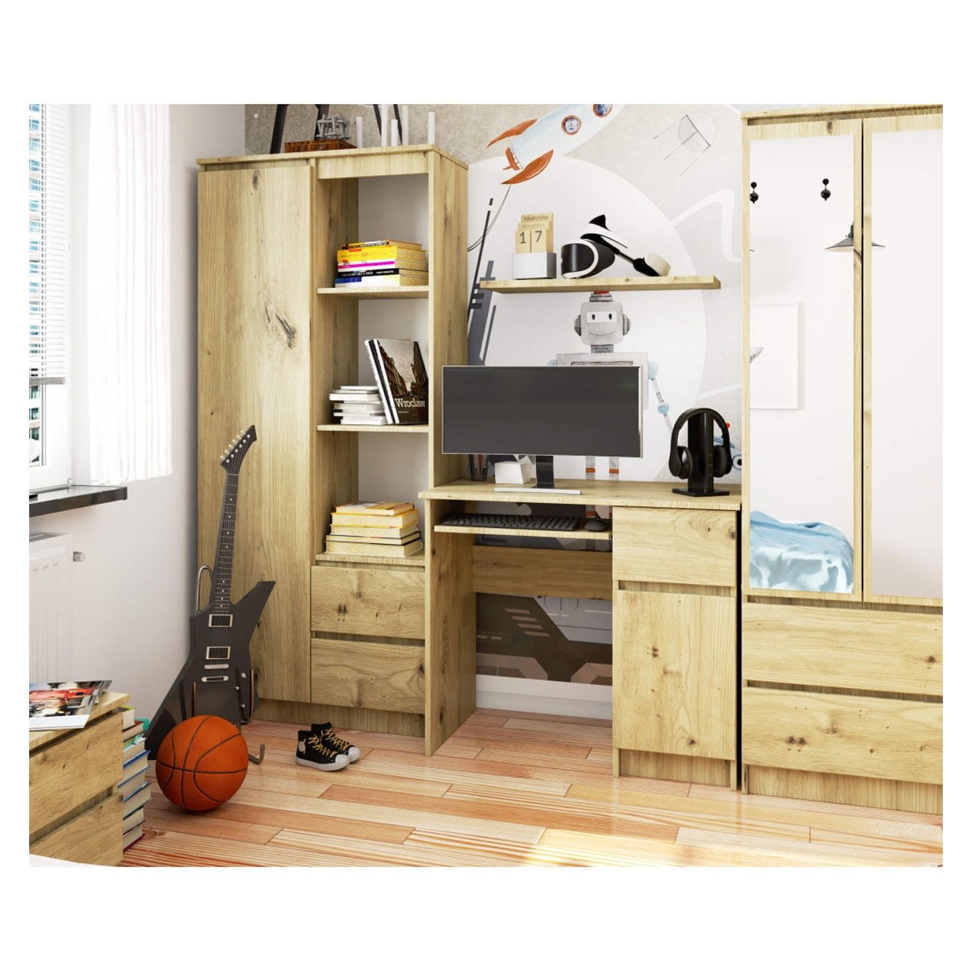 Компютърно бюро с чекмедже, шкаф, рафт, ляв плот за клавиатура, 90x50x77 см, естествен дизайн, дъб артизан - 4