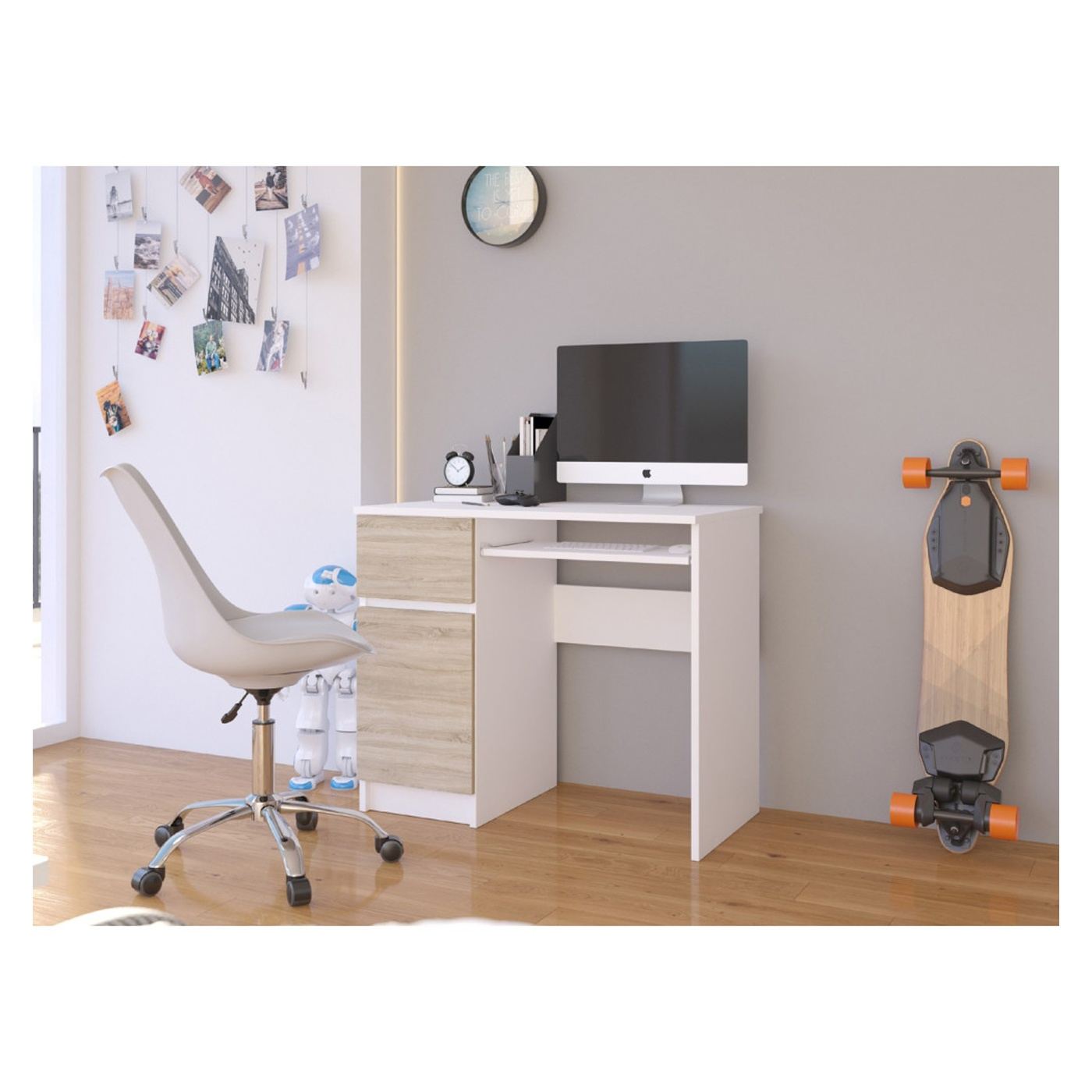 Компютърно бюро с чекмедже, шкаф, рафт, плъзгач за клавиатура, лява страна, 90x50x77 см, модерен дизайн, бял дъб сонома - 6