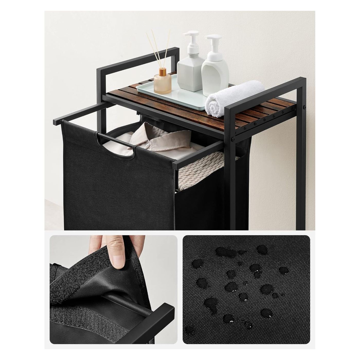 Кош за пране, Подвижна торба за пране, Рафт, Метална рамка, 65L, 50x33x72 см, Рустик кафяво и черно - 4