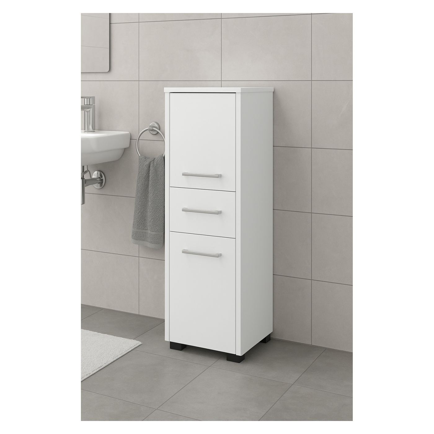 Шкаф за баня, тип колона, 2 врати и чекмедже, 30x30x85 см, светъл дизайн, бял - 3