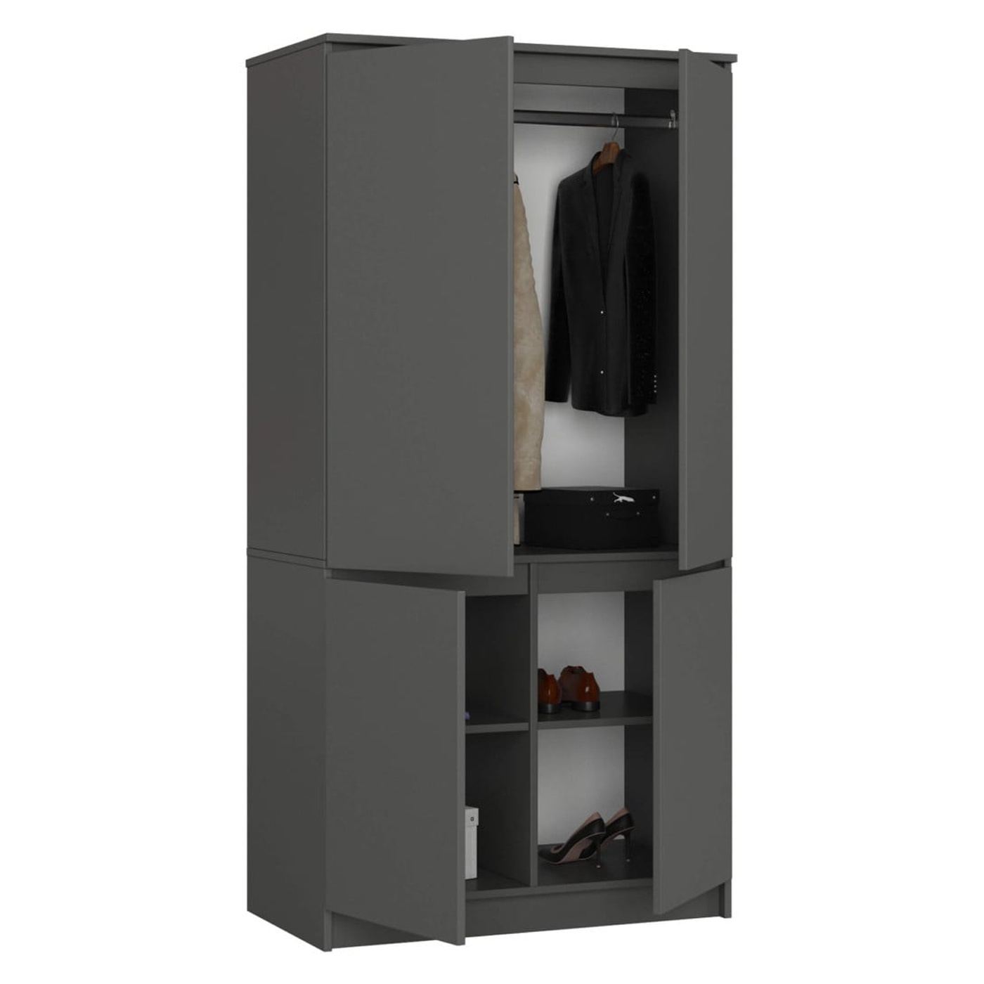 4-крилен гардероб с рафтове и лост за закачалки, 90x51x180 см, елегантен дизайн, графитено сиво - 2